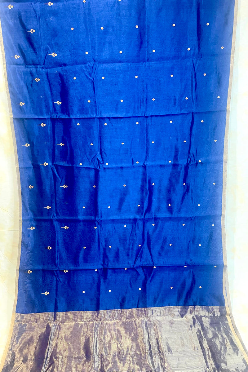 Handloom Silk Chanderi Saree - Mini Round Buta With Red Mina - Dark Blue