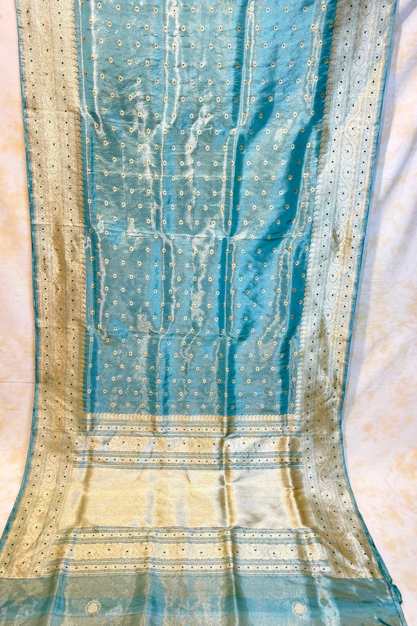 Handlloom Kadhua Banarasi Tissue Silk Saree- Big Border - Powder Blue