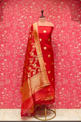 Handloom Kora Silk Suit Set - Vermillion Red