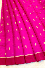 Handloom Chanderi Silk Saree Sun Flower Buta With Red Mina - Hot Pink