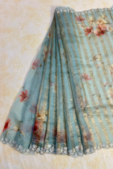 HOV HANDLOOM KORE ORGANZA SILK SAREE - STRIPES & EMBROIDERY- 132