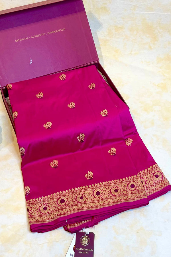 All Gold Zari Handloom Kadhua Banarasi Katan Silk Saree - Butidar - Cherry Pink