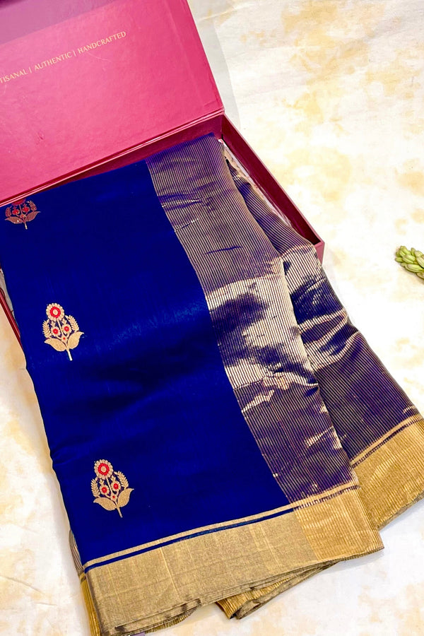 Handloom Silk Cotton Chanderi Saree - Sunflower Buta With Red Mina - Midnight Blue