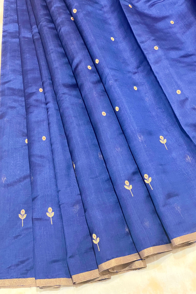 Handloom Silk Chanderi Saree - Mini Round Buta With Red Mina - Dark Blue