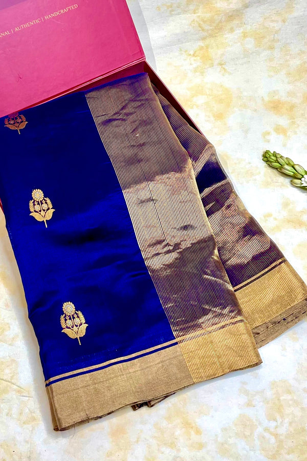 Handloom Silk Chanderi Saree - Sunflower Buta - Blue