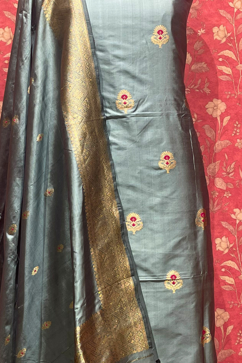 Handloom Banarasi Katan Silk Suit Set - Grey