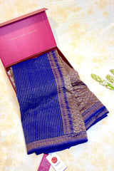 Handloom Fekua Banarasi Khaddi Georgette Silk Saree - Striped - Blue