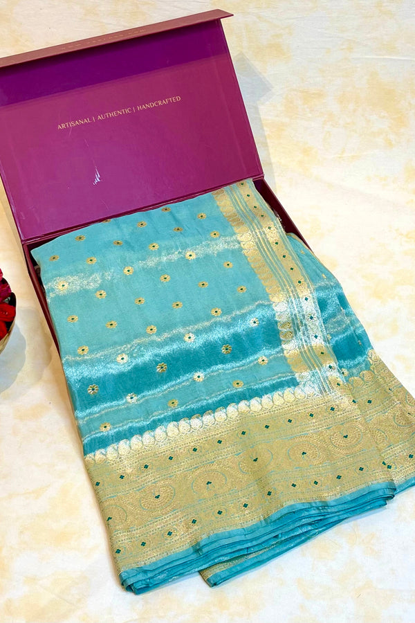 Handlloom Kadhua Banarasi Tissue Silk Saree- Big Border - Powder Blue