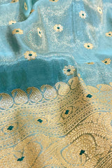 Handlloom Kadhua Banarasi Tissue Silk Saree- Big Border - Powder Blue