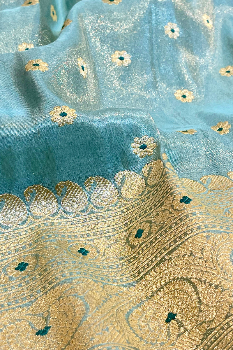 Handlloom Kadhua Banarasi Tissue Silk Saree- Big Border - Powder Blue