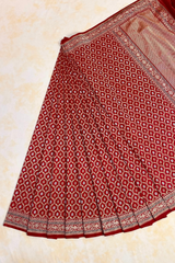 HOV HANDLOOM PURE ZARI BANARASI KATAN SILK SAREE - JAANGLA - CHECKERED - RED -138