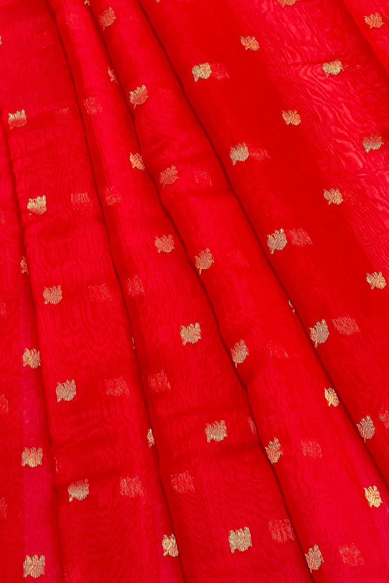 Handloom Chanderi Half Tissue Checks Pallu - Orange