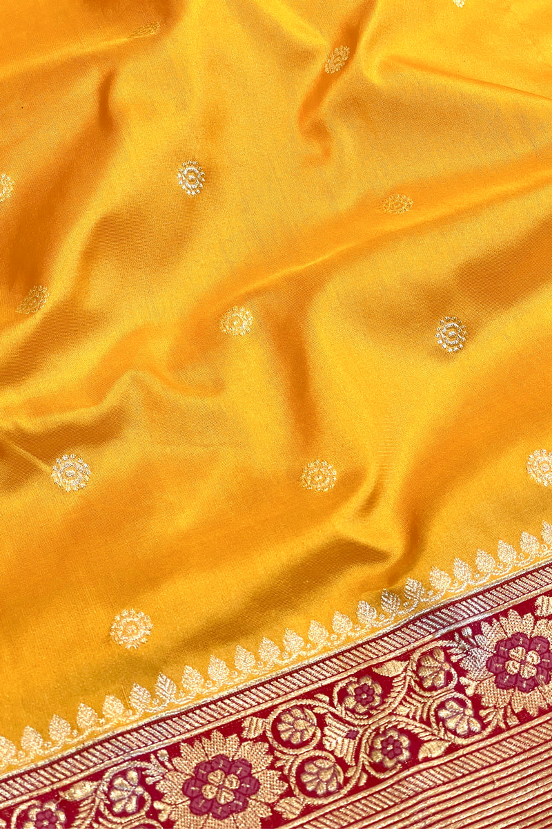 Real Zari Handloom Kadhua Banarasi Shalu Silk Satin Saree - Small Border - Sangita - All Gold Zari - Yellow Red