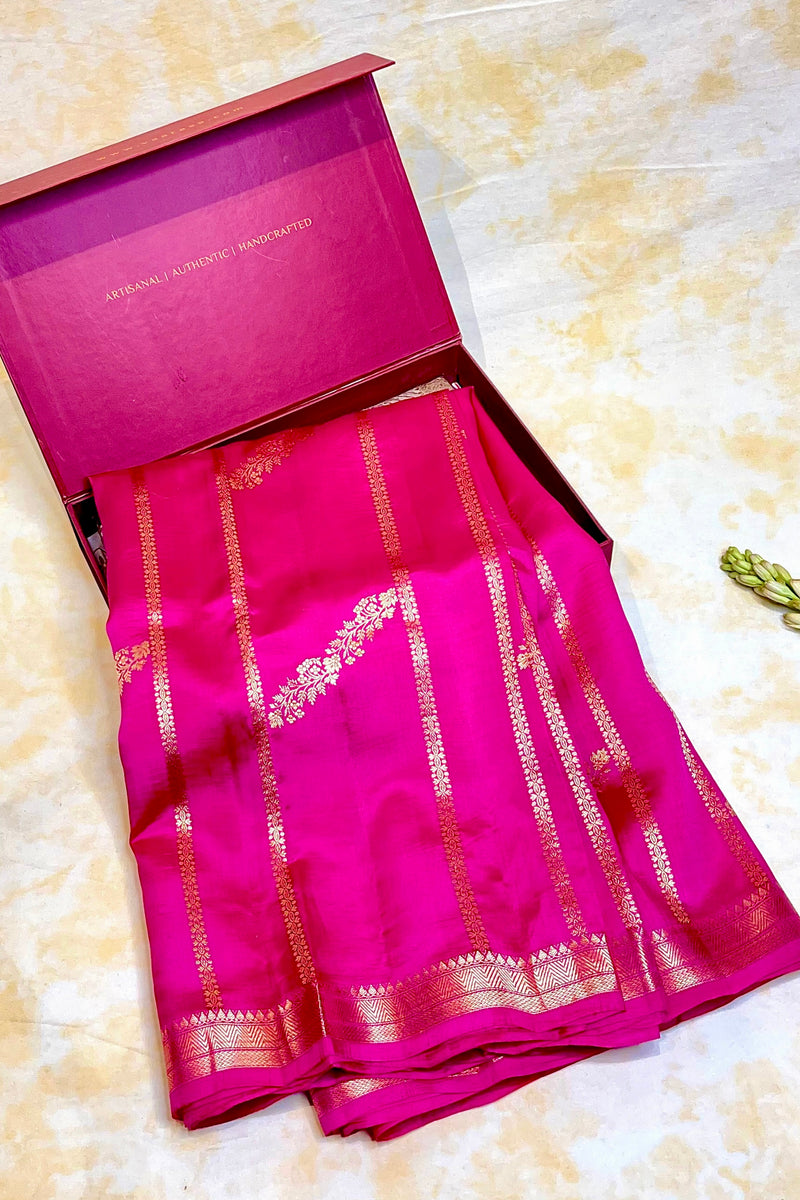 Handloom Kadhua Banarasi Silk Saree -Floral Stripe - Rani Pink