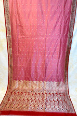 Real Zari Handloom Kadhua Banarasi Shalu Silk Satin Saree - Small Border - Sangita - All Gold Zari - Peach Red