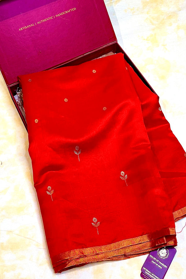 Handloom Silk Chanderi Saree - Mini Round Buta With Red Mina - Red