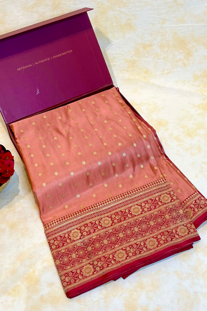 Handloom Kadhua Banarasi Shalu Silk Satin Saree - Sangita - Peach Pink - Pure Zari