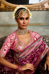 HOV Handloom Pure Zari Banarasi Katan Silk Saree - Jaangla - Purple Green All Over Design - 082