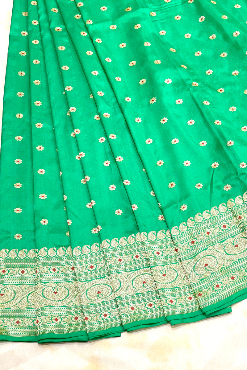 Handlloom Kadhua Banarasi Silk Saree- Big Border - Parrot Green Pink Meena