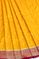 Real Zari Handloom Kadhua Banarasi Shalu Silk Satin Saree - Small Border - Sangita - All Gold Zari - Yellow Red