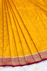 Real Zari Handloom Kadhua Banarasi Shalu Silk Satin Saree - Small Border - Sangita - All Gold Zari - Yellow Red