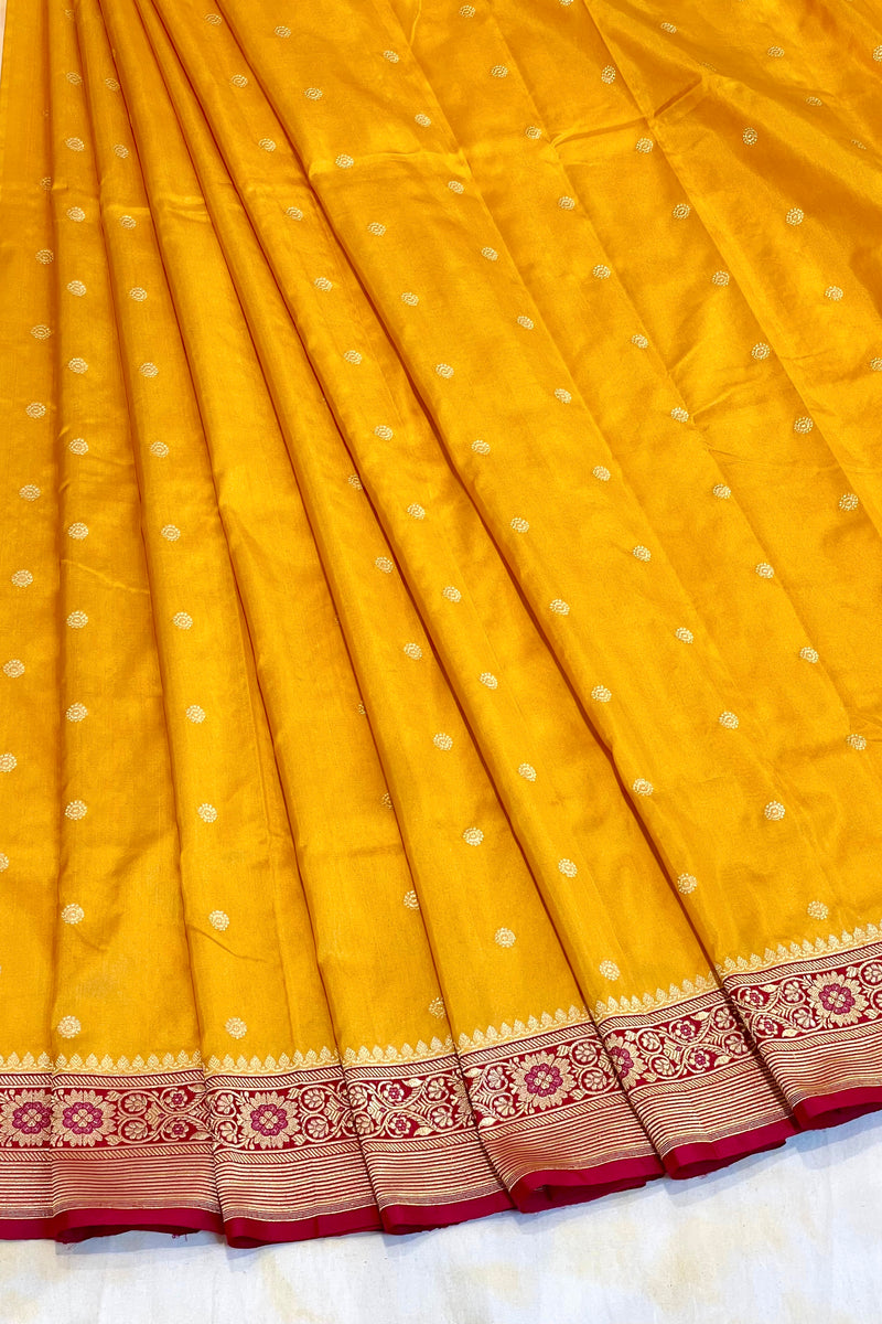 Real Zari Handloom Kadhua Banarasi Shalu Silk Satin Saree - Small Border - Sangita - All Gold Zari - Yellow Red