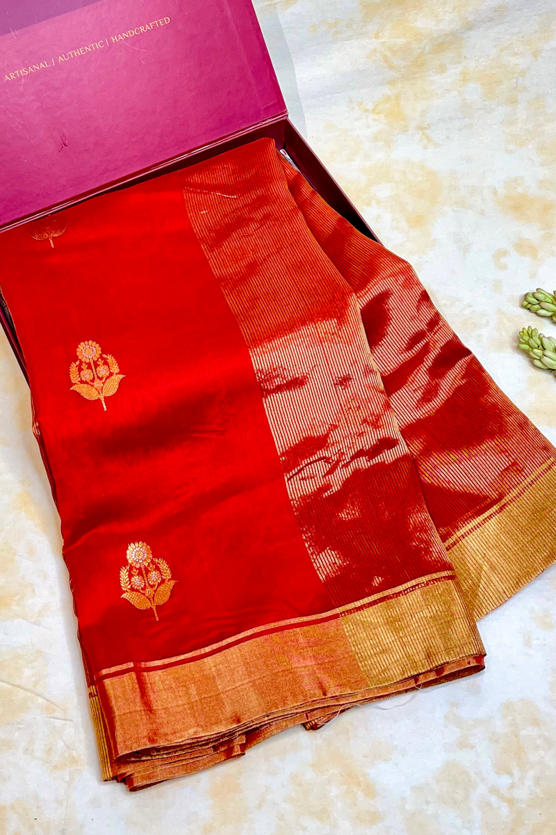 Handloom Silk Chanderi Saree - Fukdani Buta - Red