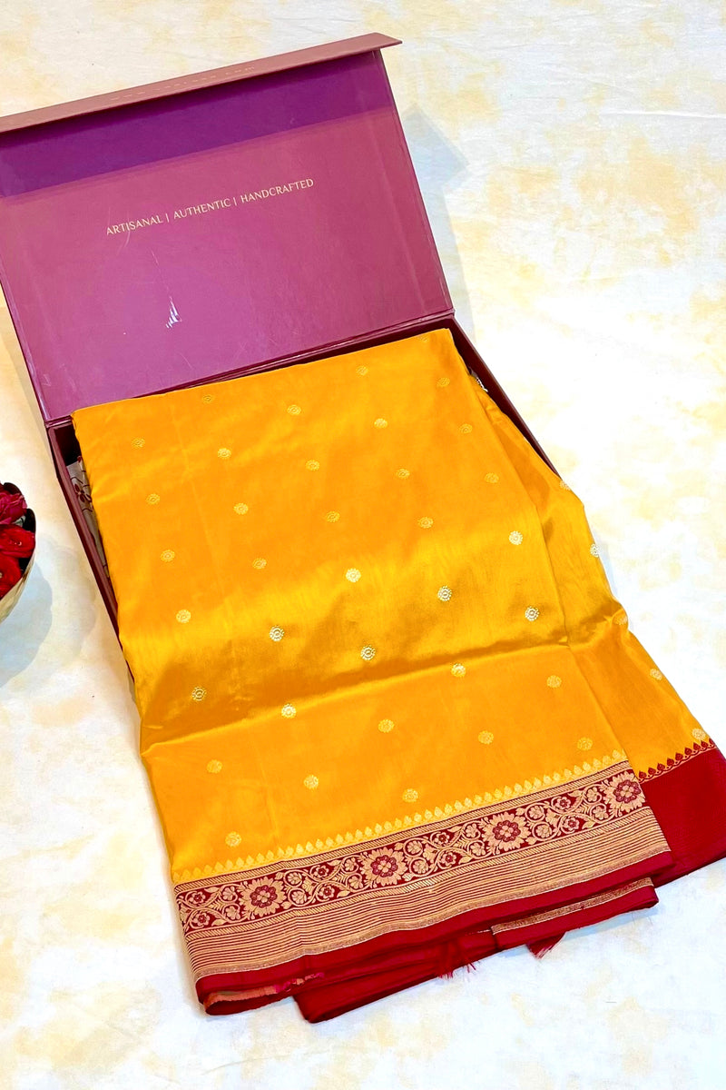 Real Zari Handloom Kadhua Banarasi Shalu Silk Satin Saree - Small Border - Sangita - All Gold Zari - Yellow Red