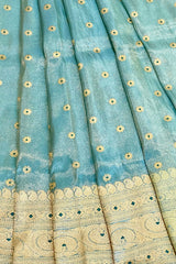 Handlloom Kadhua Banarasi Tissue Silk Saree- Big Border - Powder Blue