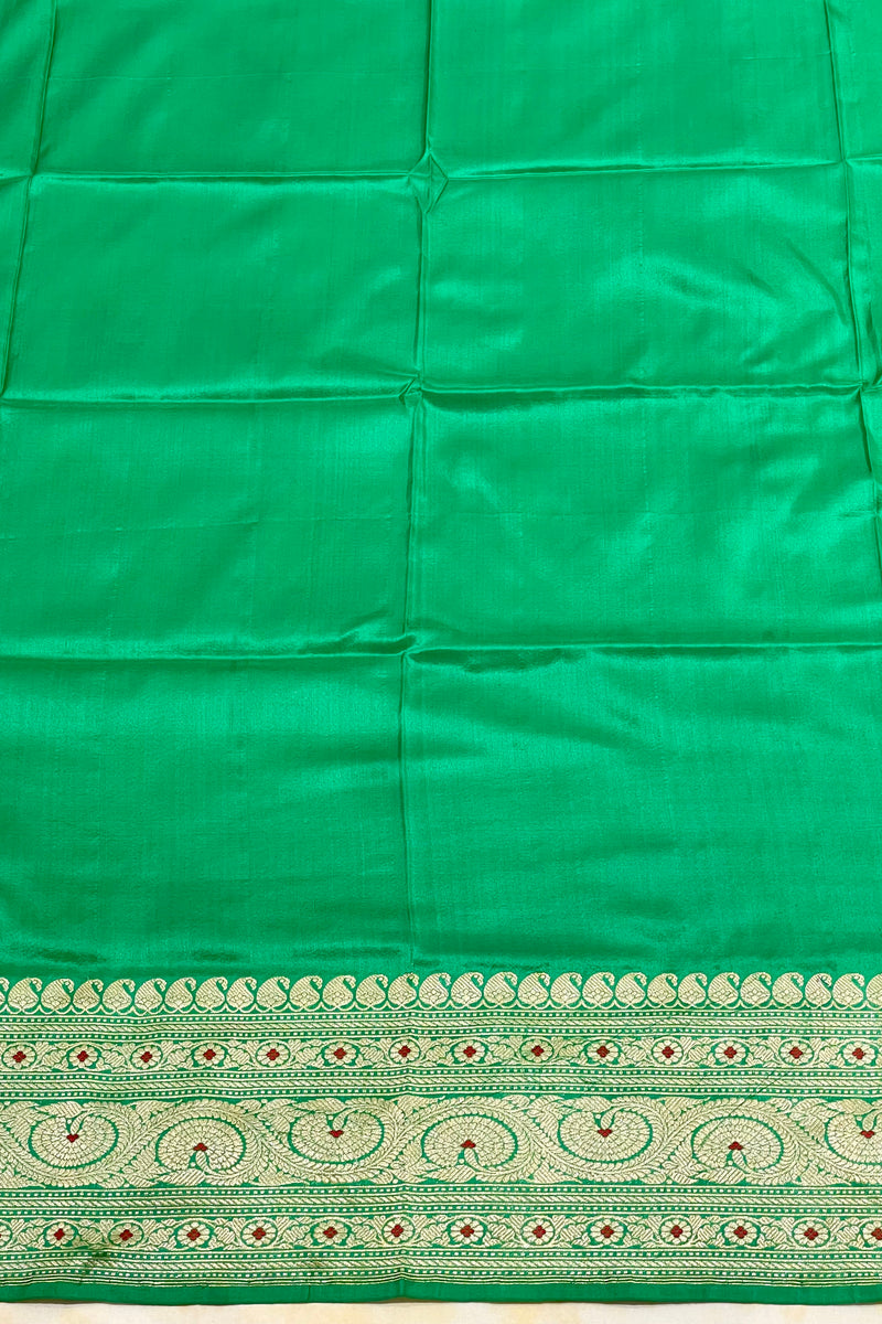 Handlloom Kadhua Banarasi Silk Saree- Big Border - Parrot Green Pink Meena