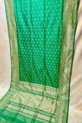 Handlloom Kadhua Banarasi Silk Saree- Big Border - Parrot Green Pink Meena