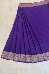 HOV Handloom Banarasi Crepe Silk Saree - Plain Body With Border - Dark Blue- 072