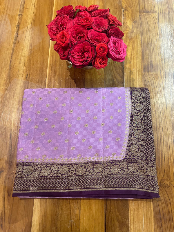 Handloom Fekua Banarasi Khaddi Crepe Silk Saree - Jaal Tanchoi - Lilac