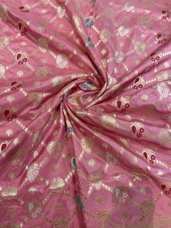 Handloom Kadhua Banarasi Silk Saree - Jaal Minedar - Aboli Pink