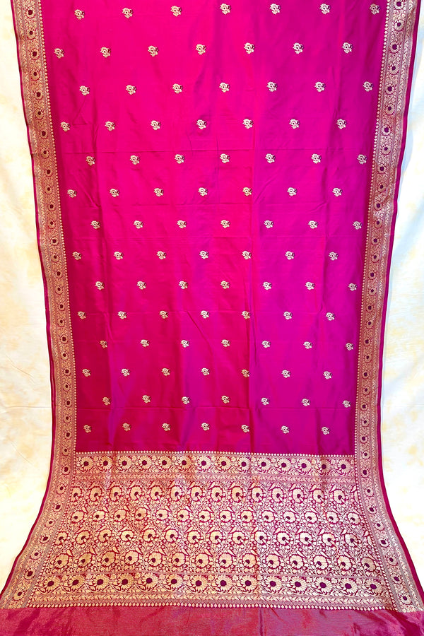 All Gold Zari Handloom Kadhua Banarasi Katan Silk Saree - Butidar - Cherry Pink