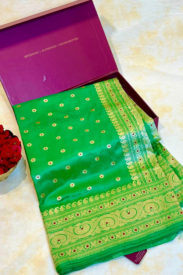 Handlloom Kadhua Banarasi Silk Saree- Big Border - Parrot Green Pink Meena