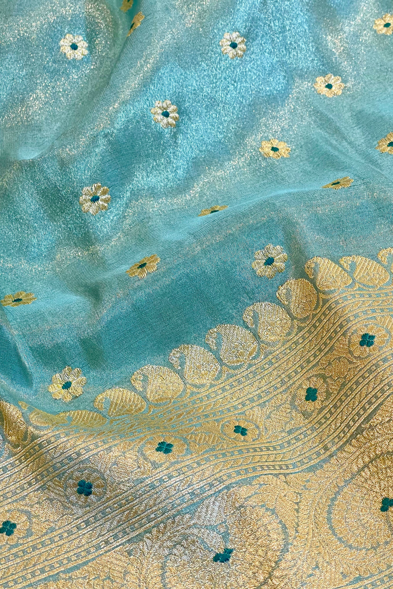 Handlloom Kadhua Banarasi Tissue Silk Saree- Big Border - Powder Blue