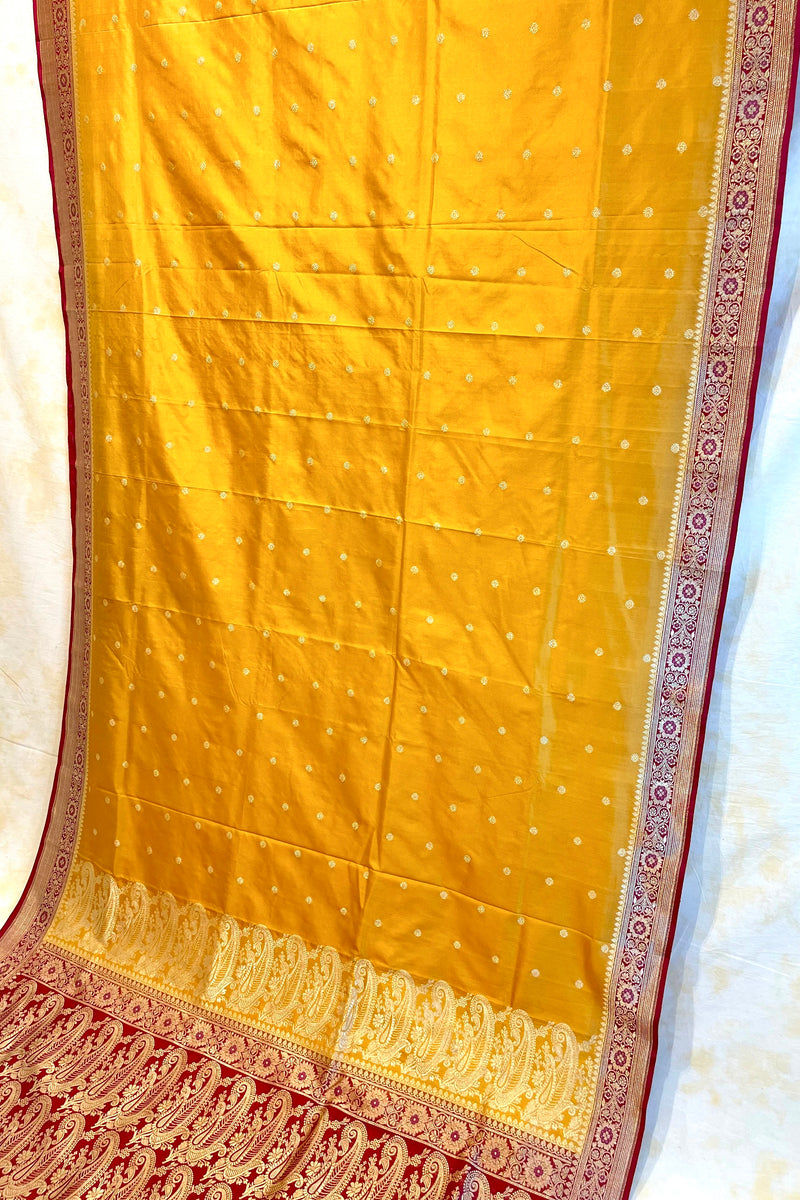 Real Zari Handloom Kadhua Banarasi Shalu Silk Satin Saree - Small Border - Sangita - All Gold Zari - Yellow Red