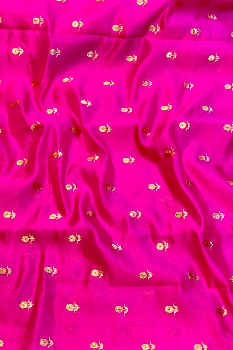 Handloom Chanderi Silk Saree Sun Flower Buta With Red Mina - Hot Pink