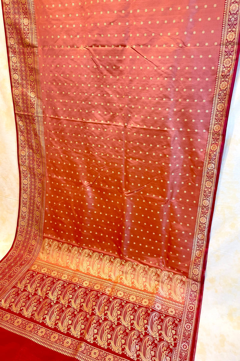 Handloom Kadhua Banarasi Shalu Silk Satin Saree - Sangita - Peach Pink - Pure Zari