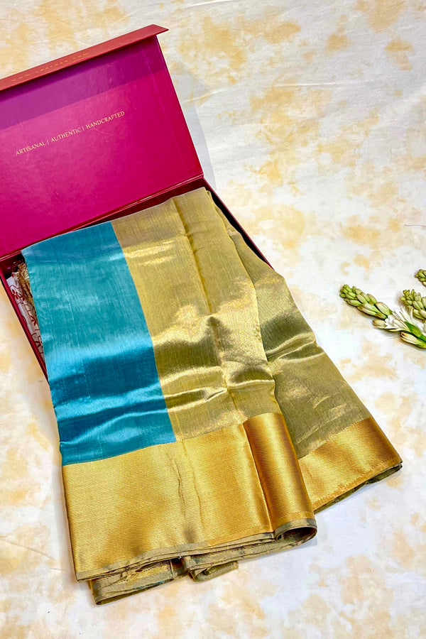 Handloom Silk Chanderi Saree - Blue With Twill Border