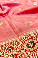 Real Zari Handloom Kadhua Banarasi Shalu Silk Satin Saree - Small Border - Sangita - All Gold Zari - Peach Red