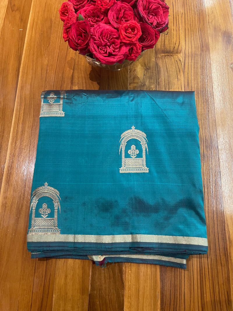 Handloom Kadhua Banarasi Silk Saree - Butidar Jharokha - Peacock Green