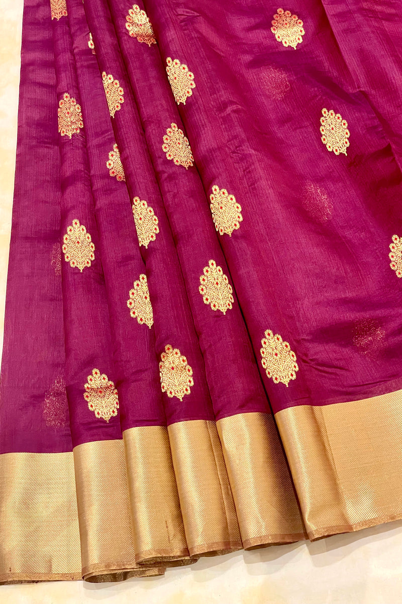 Handloom Silk Chanderi Saree - Fuldani Buta - Wine