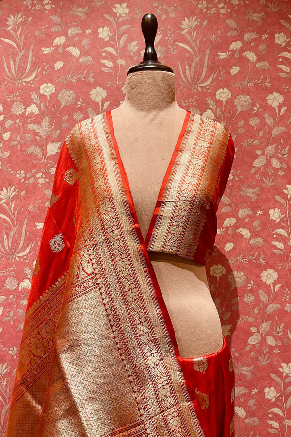 Handloom Kadhua Banarasi Katan Silk Saree - Butidar - Red Sona Rupa Floral