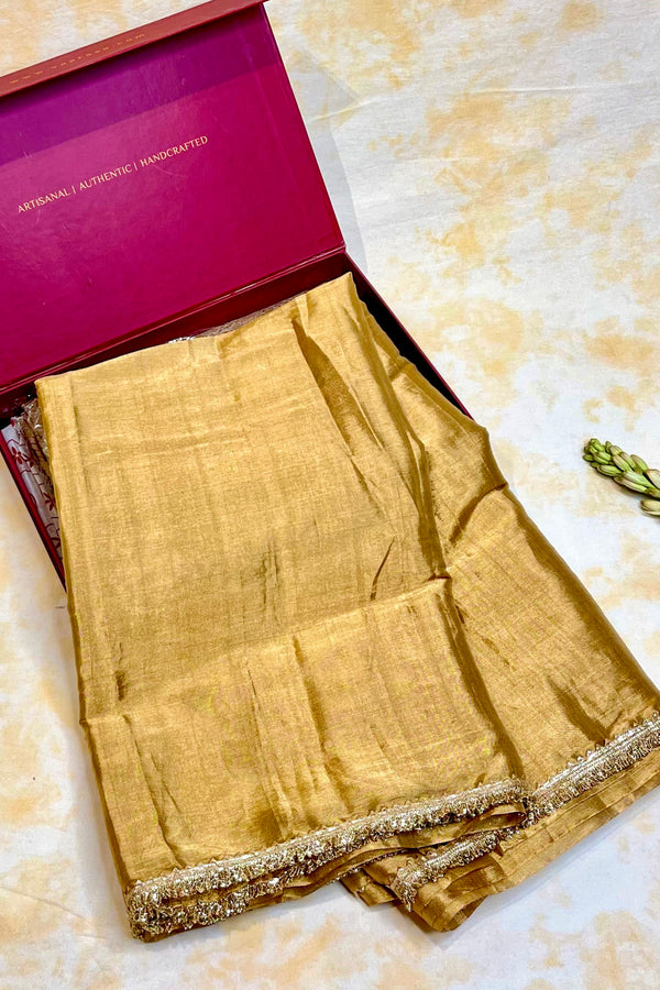 Handloom Chanderi Silk Saree With Lace - Gold