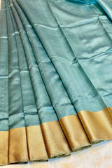 Handloom Silk Chanderi Saree - Blue With Twill Border