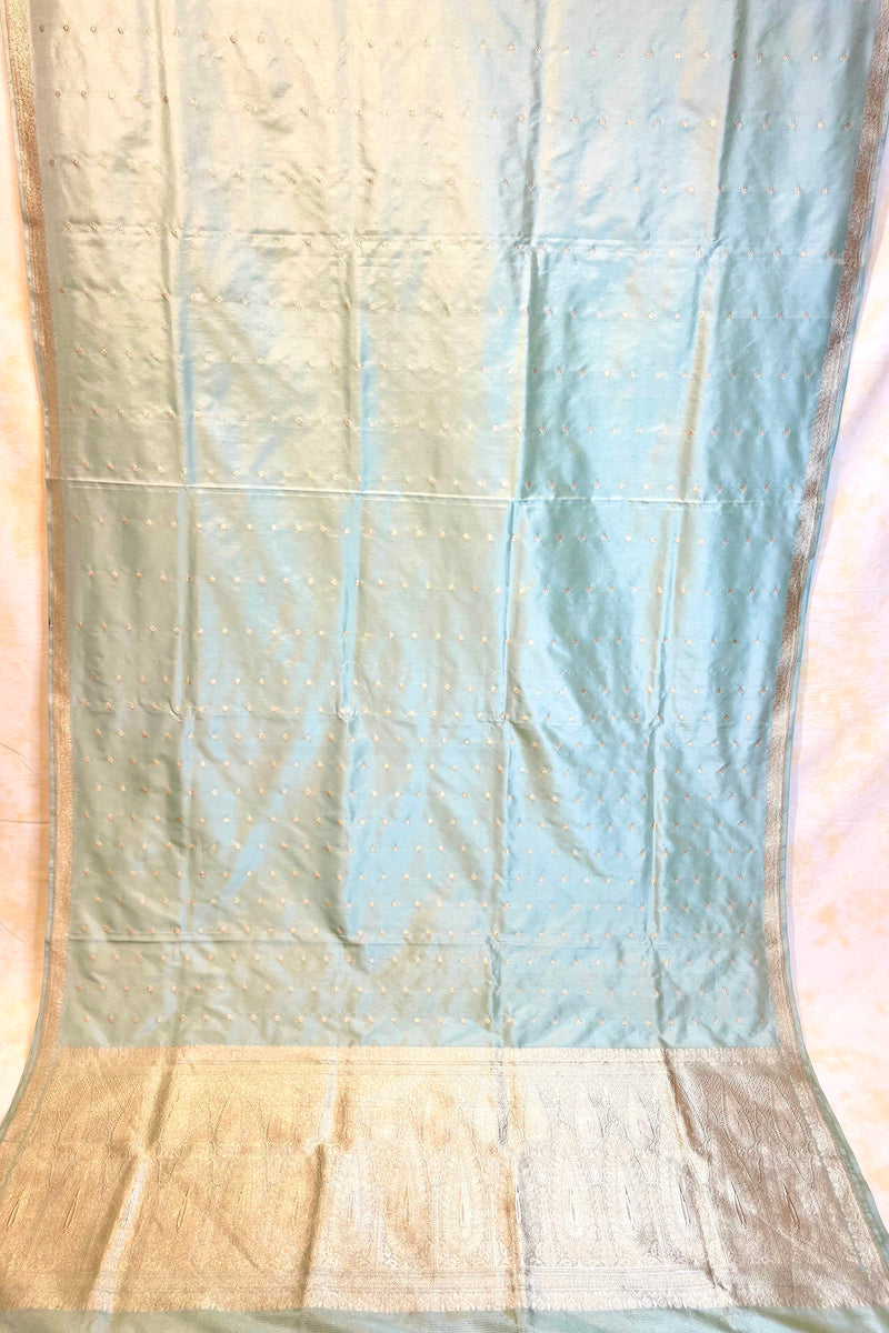 Real Zari Handloom Kadhua Banarasi Katan Silk Saree - Small Butidar - Sky Blue Minedar