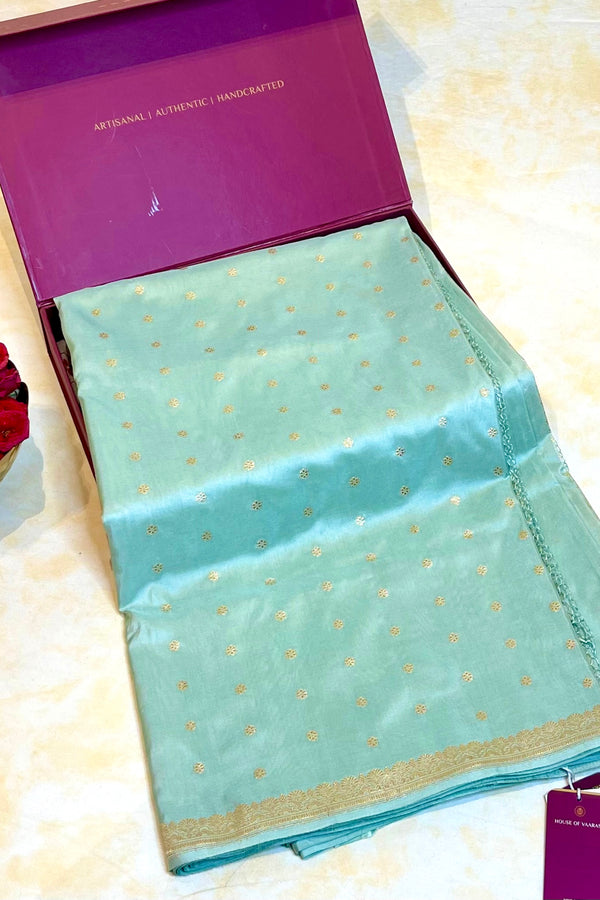 Real Zari Handloom Kadhua Banarasi Katan Silk Saree - Small Butidar - Sky Blue Minedar