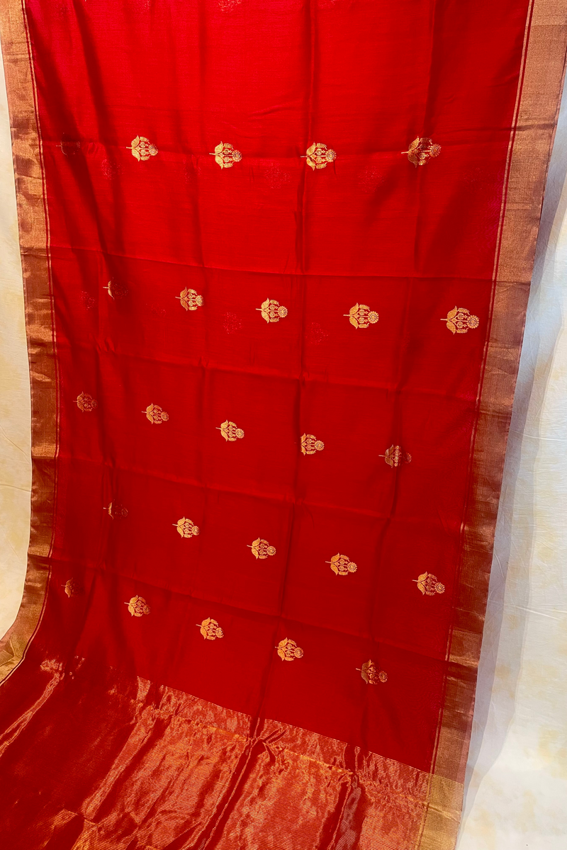 Handloom Silk Cotton Chanderi Saree - Sunflower Buta - Red